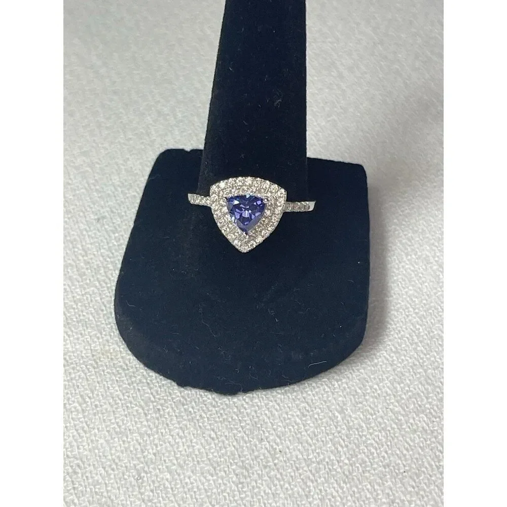 Trillion Cut Tanzanite & White Topaz Halo Ring 1.75ct Size 8 925 Sterling Silver